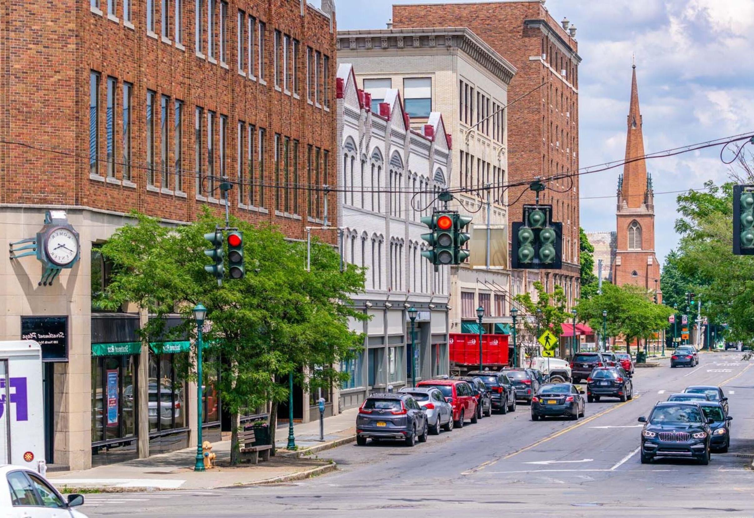 Cars travel through downtown Elmira